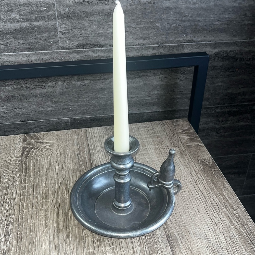 Vintage Pewter Chamberstick Candle Holder w/ Snuffer – Made in Spain – 6”
